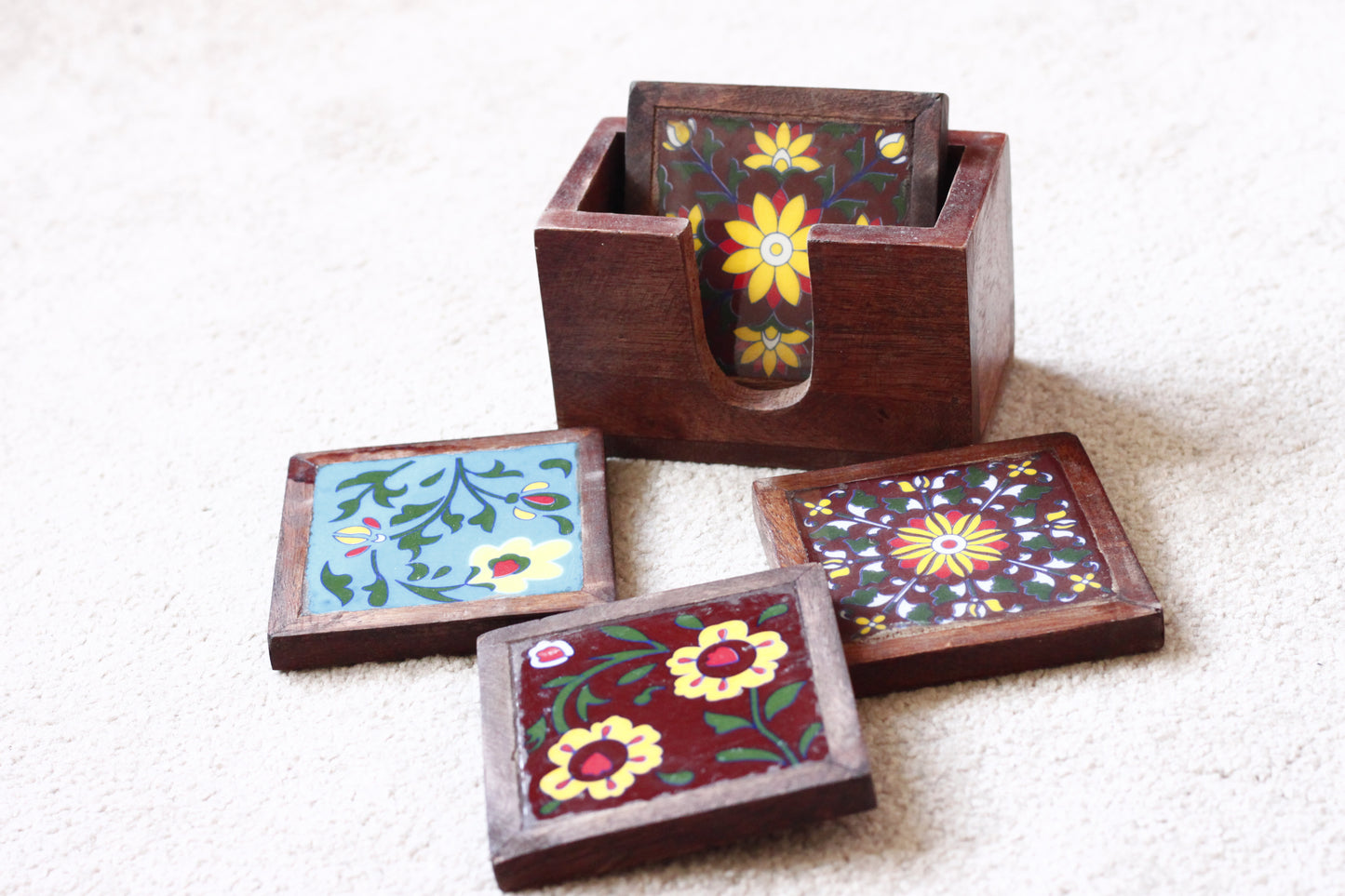 Tea Coster Set - Handcrafted Wooden & Ceramic Tile