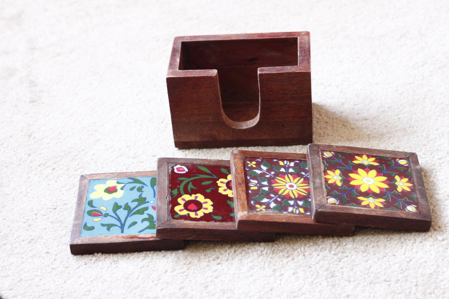 Tea Coster Set - Handcrafted Wooden & Ceramic Tile