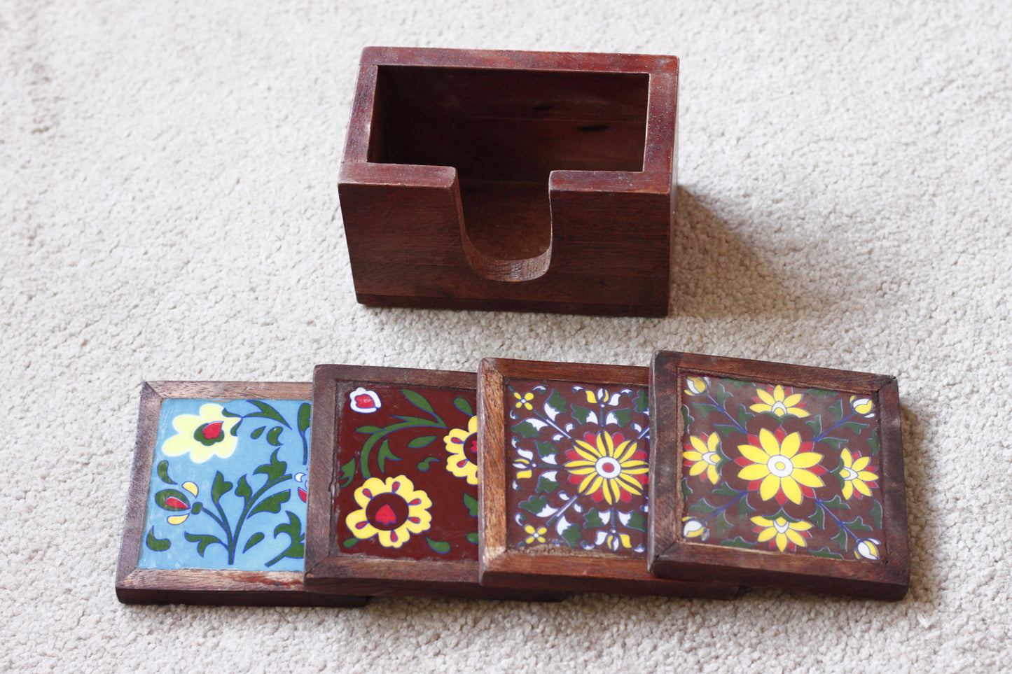 Tea Coster Set - Handcrafted Wooden & Ceramic Tile