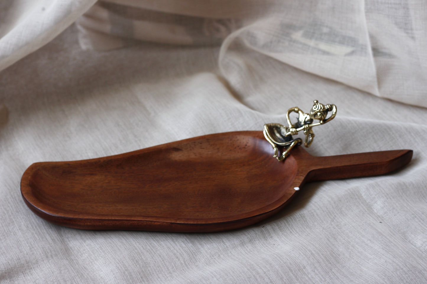 Wooden Serving Tray with Dhokra Brass Figurine - Handcrafted Mango Wood