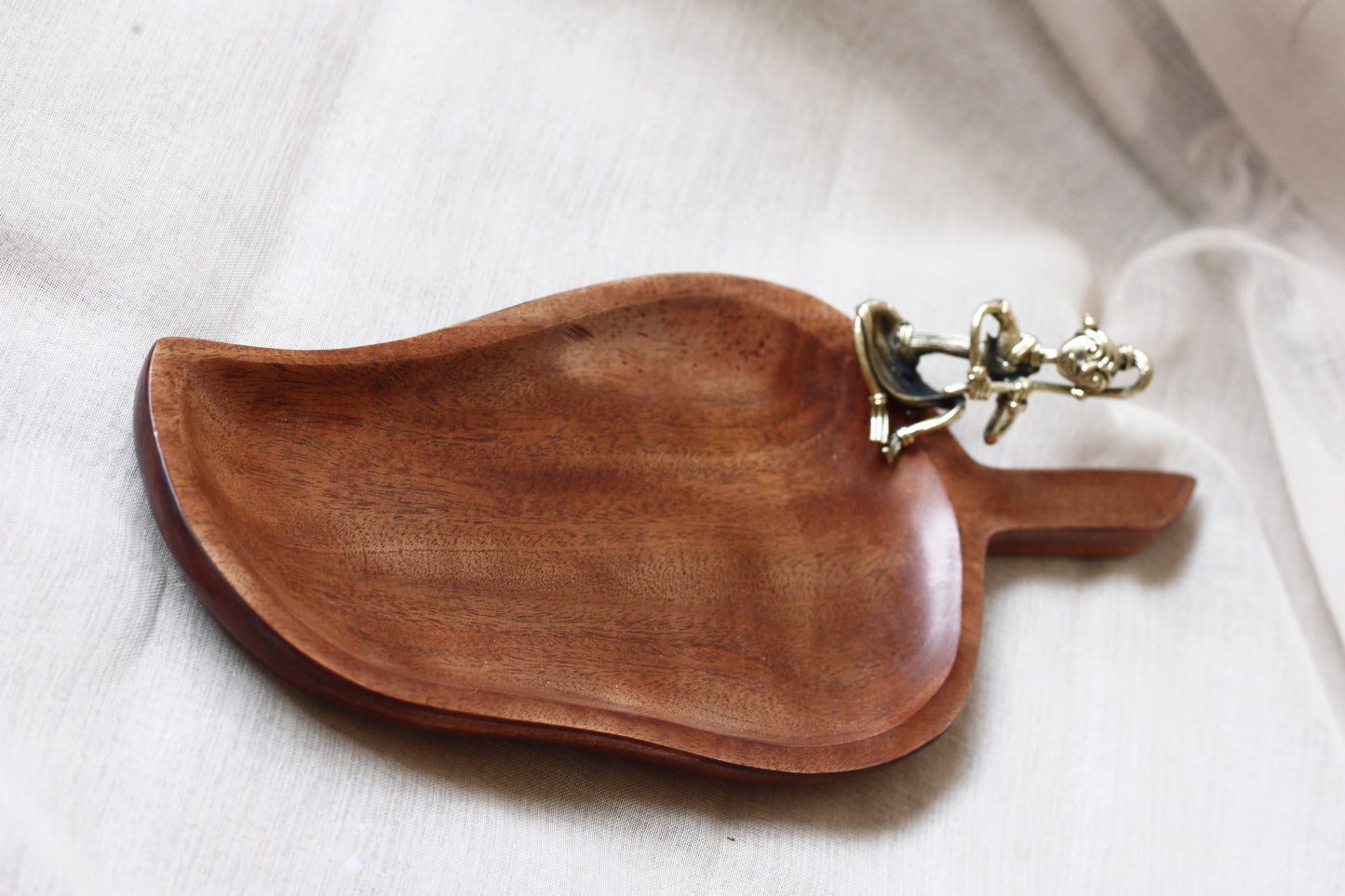 Wooden Serving Tray with Dhokra Brass Figurine - Handcrafted Mango Wood