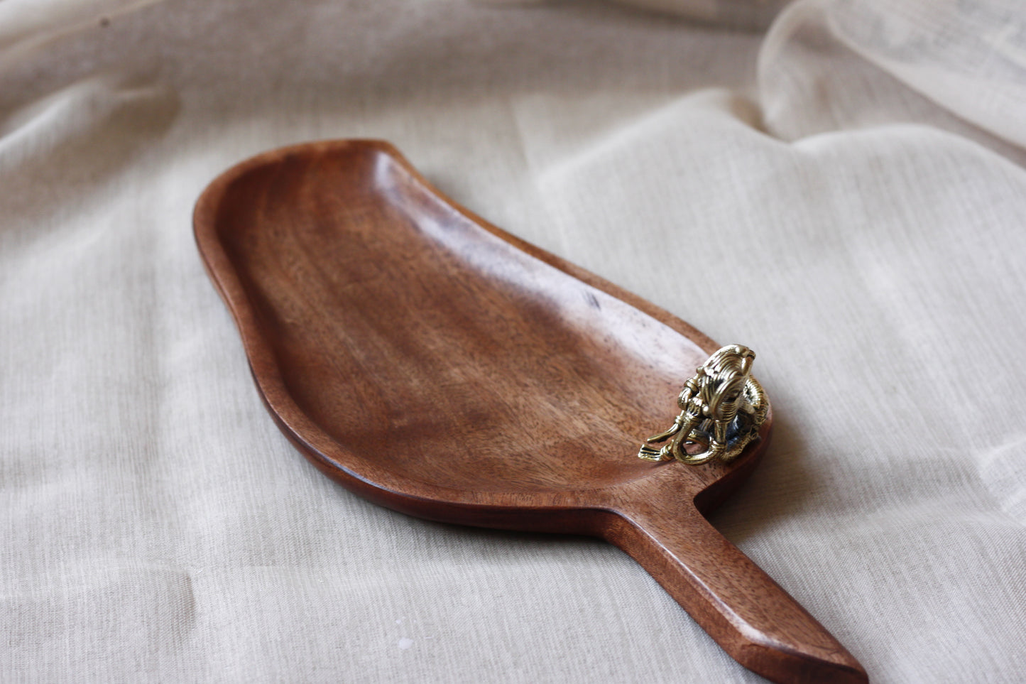 Wooden Serving Tray with Dhokra Brass Figurine - Handcrafted Mango Wood