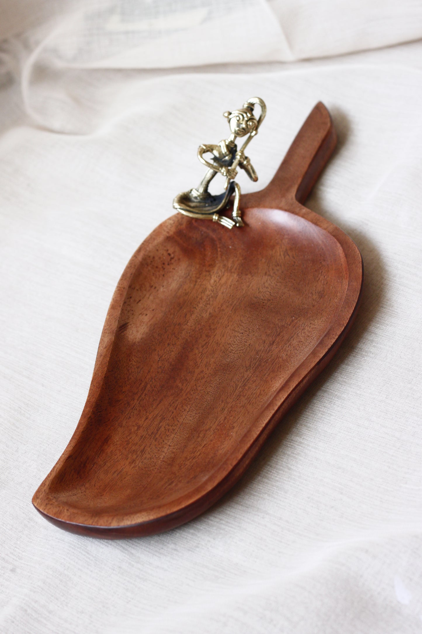 Wooden Serving Tray with Dhokra Brass Figurine - Handcrafted Mango Wood