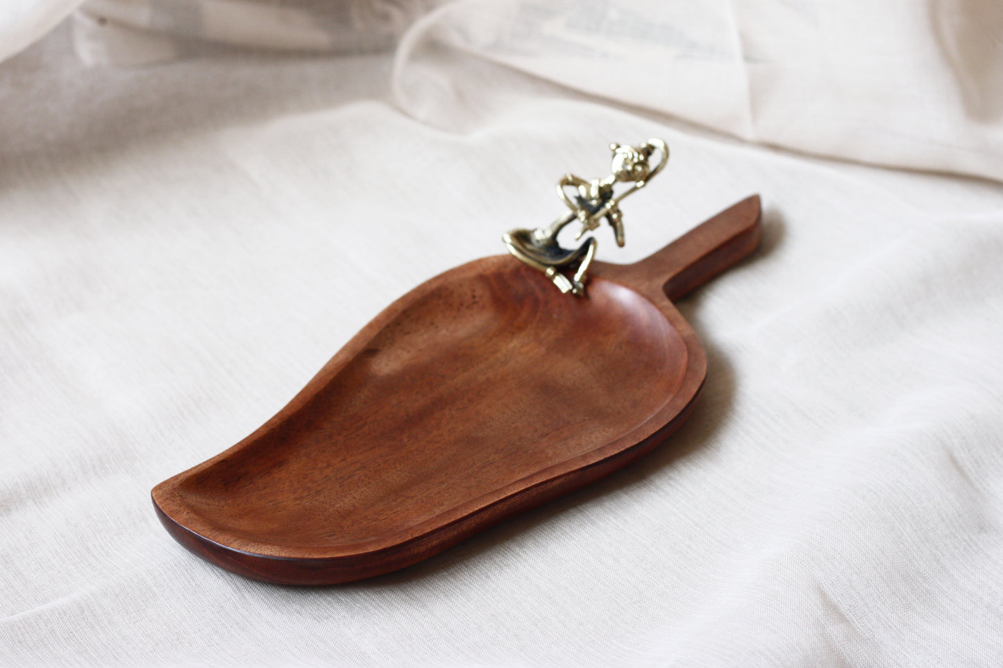Wooden Serving Tray with Dhokra Brass Figurine - Handcrafted Mango Wood