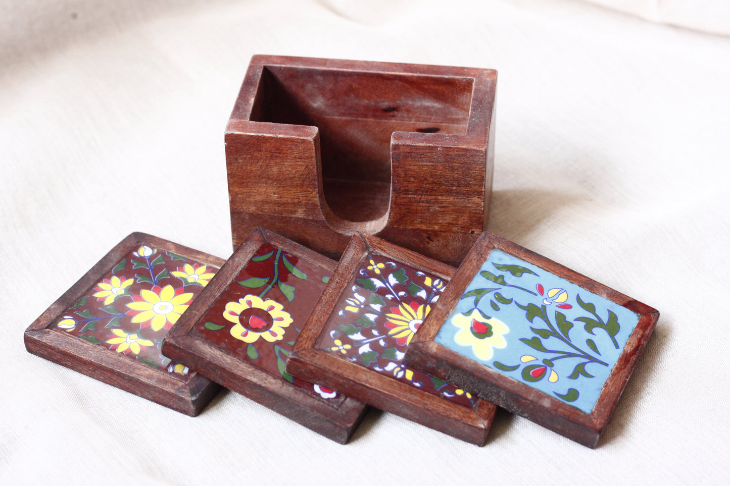 Tea Coster Set - Handcrafted Wooden & Ceramic Tile