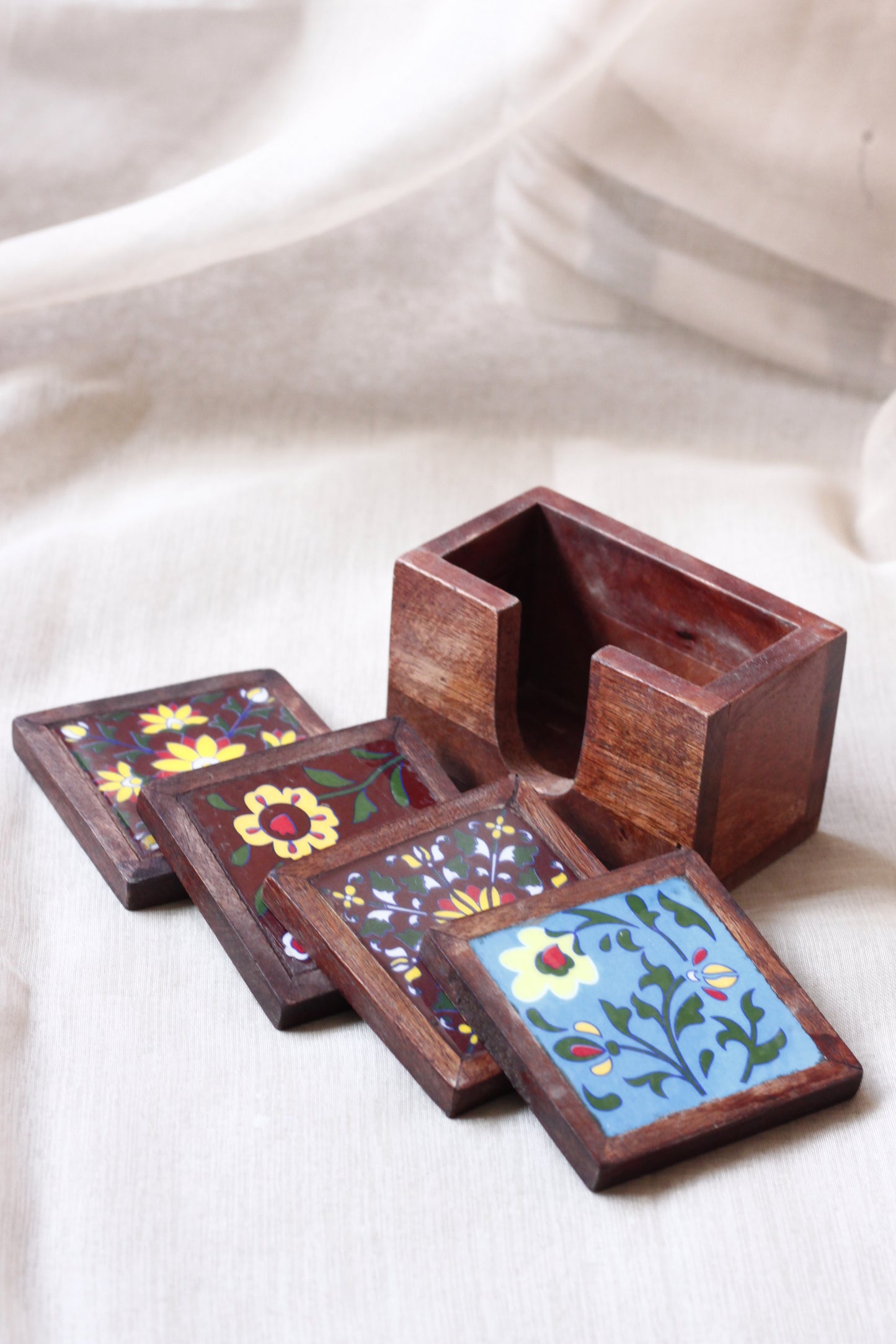 Tea Coster Set - Handcrafted Wooden & Ceramic Tile