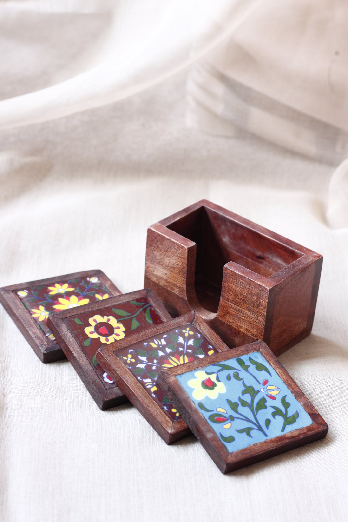 Tea Coster Set - Handcrafted Wooden & Ceramic Tile