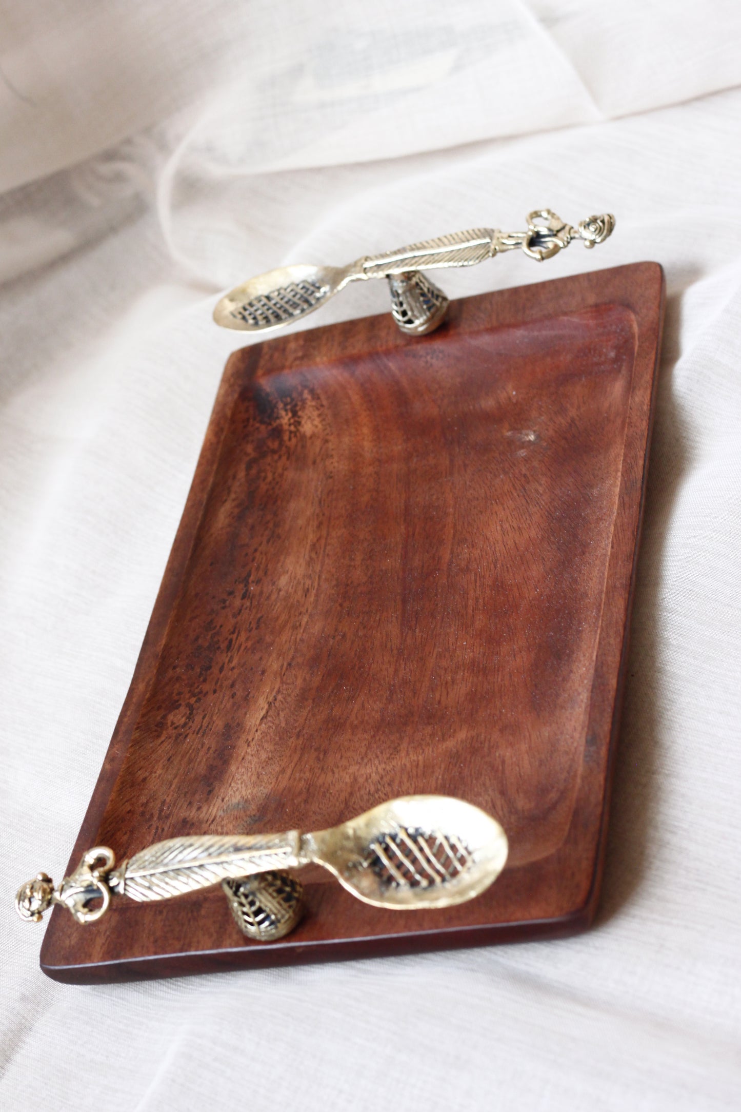 Wooden Serving Tray With Spoon Handles - Handcrafted Mango Wood & Dhokra Brass
