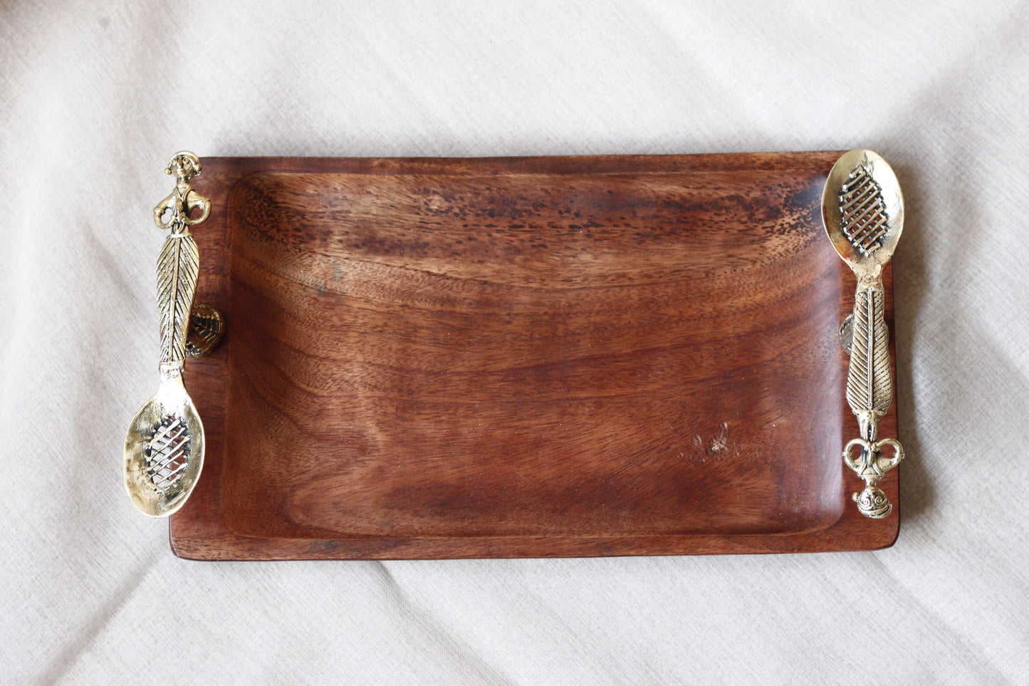 Wooden Serving Tray With Spoon Handles - Handcrafted Mango Wood & Dhokra Brass