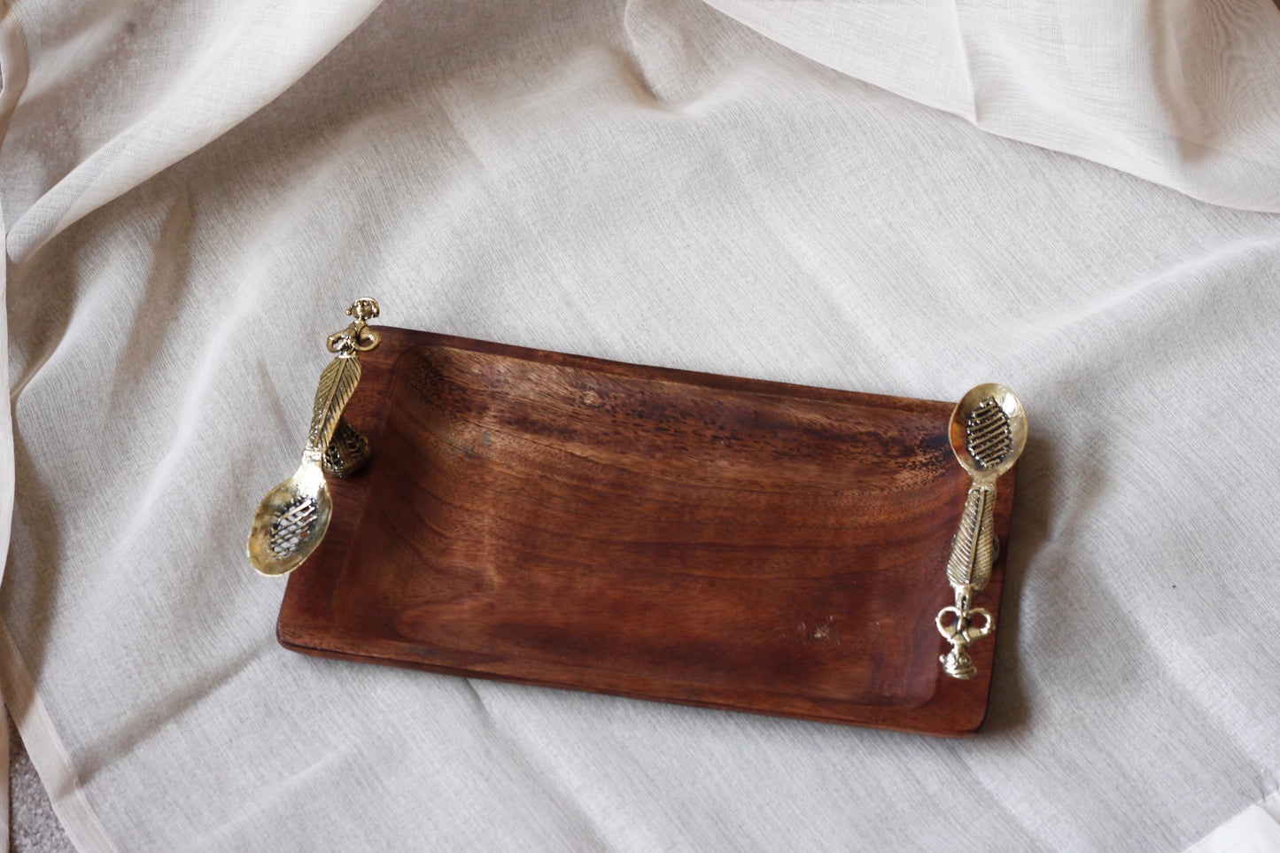 Wooden Serving Tray With Spoon Handles - Handcrafted Mango Wood & Dhokra Brass