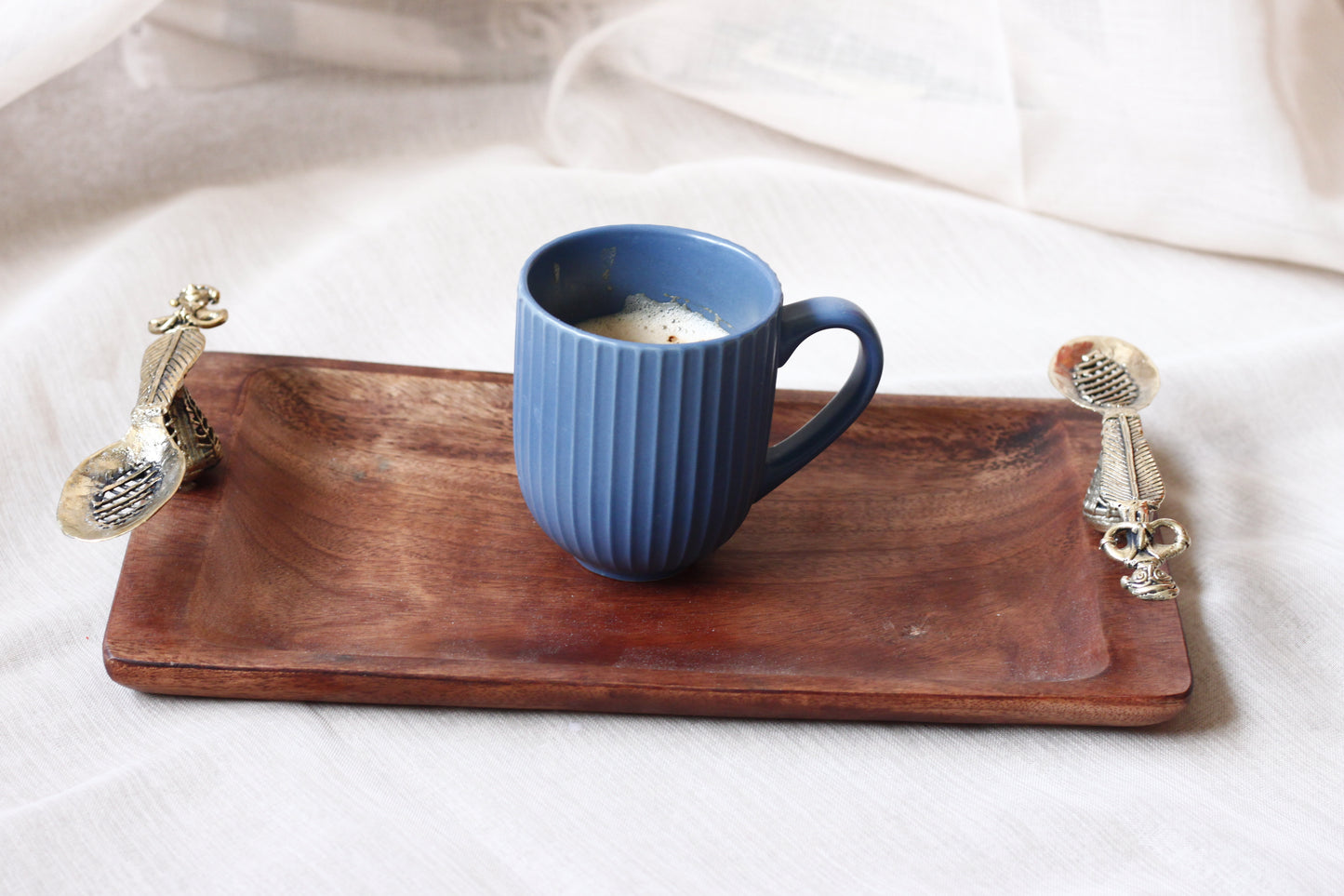 Wooden Serving Tray With Spoon Handles - Handcrafted Mango Wood & Dhokra Brass