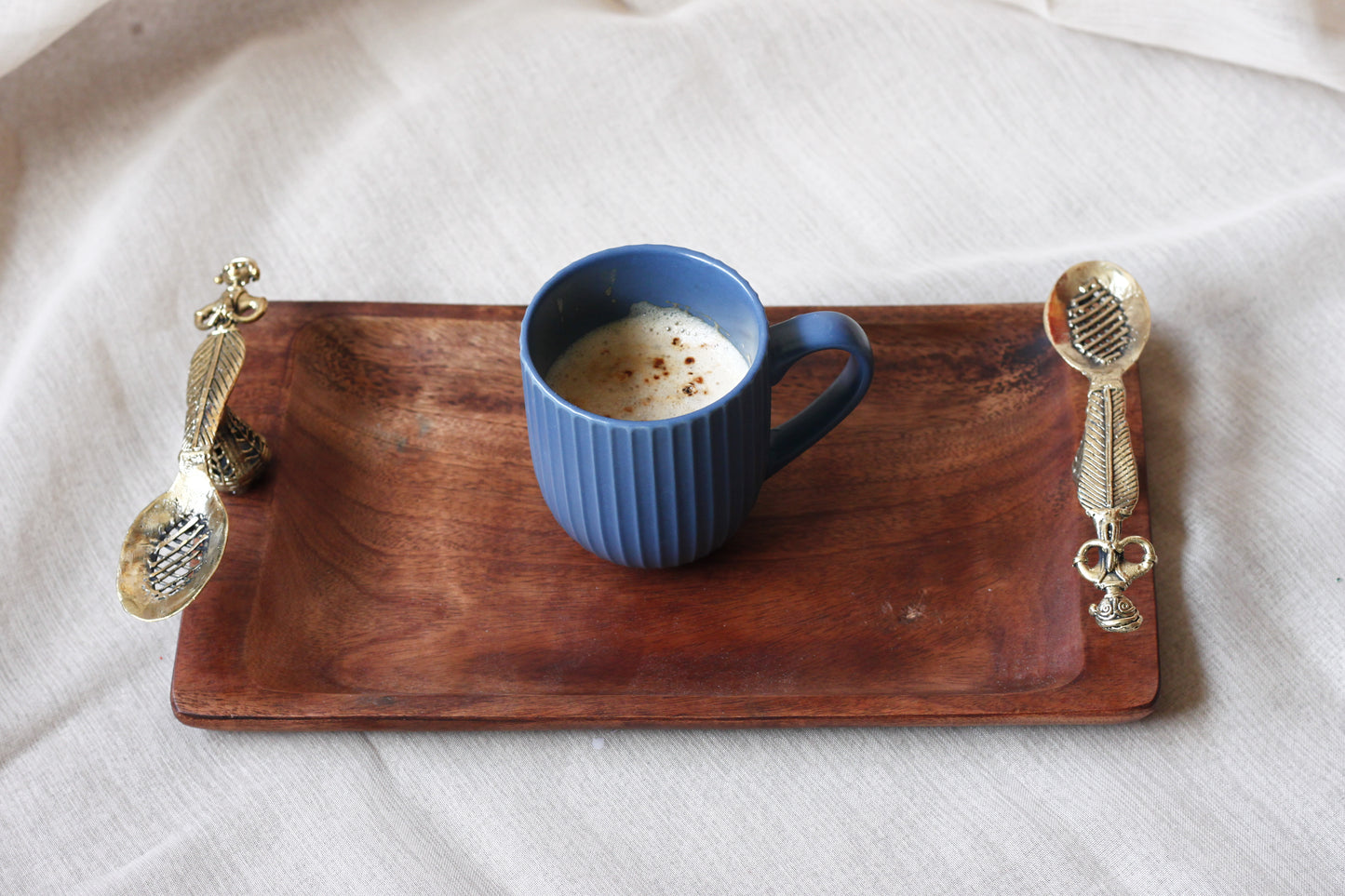 Wooden Serving Tray With Spoon Handles - Handcrafted Mango Wood & Dhokra Brass