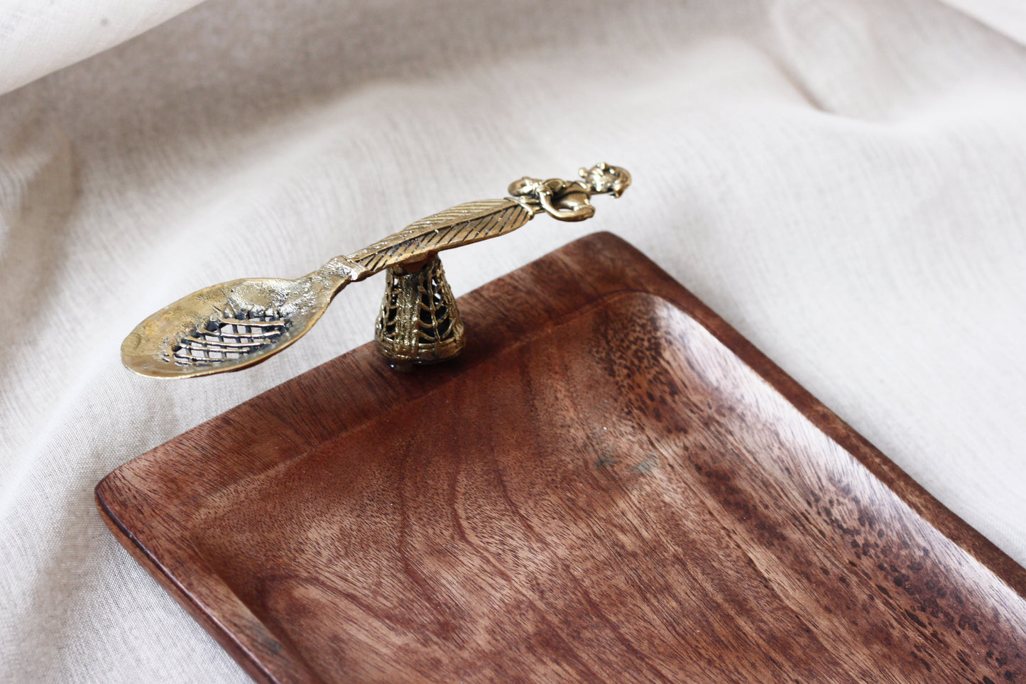 Wooden Serving Tray With Spoon Handles - Handcrafted Mango Wood & Dhokra Brass