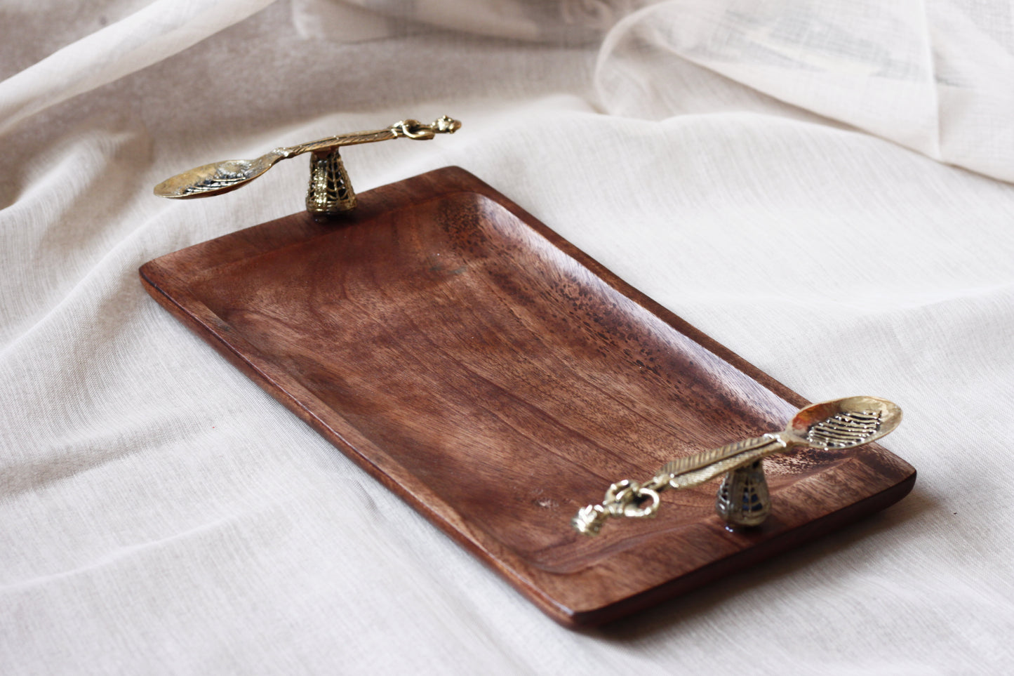 Wooden Serving Tray With Spoon Handles - Handcrafted Mango Wood & Dhokra Brass