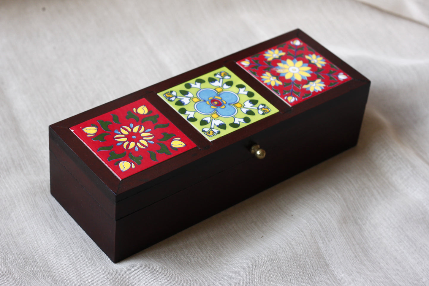 Wooden Jewellery Box Hand Painted Ceramic Tiles