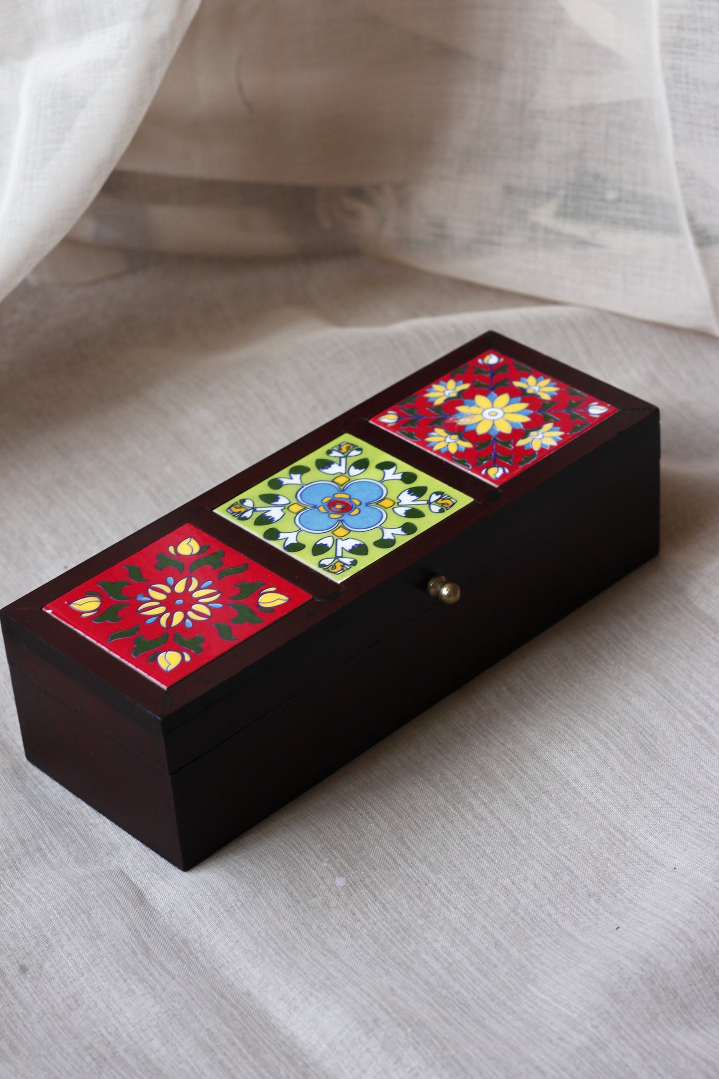 Wooden Jewellery Box Hand Painted Ceramic Tiles
