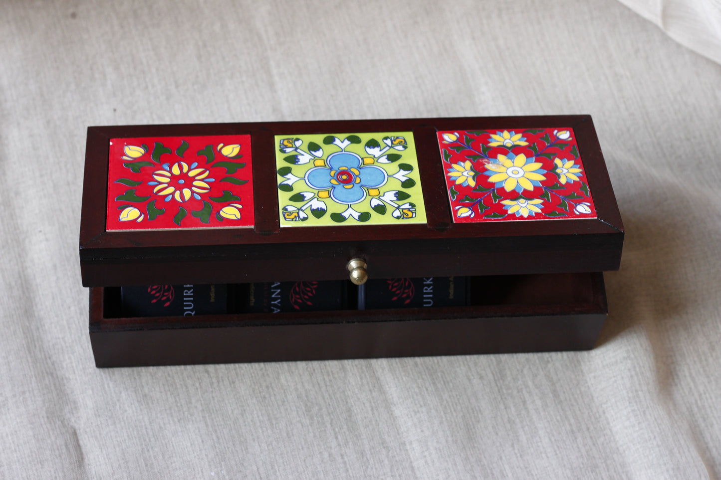 Wooden Jewellery Box Hand Painted Ceramic Tiles