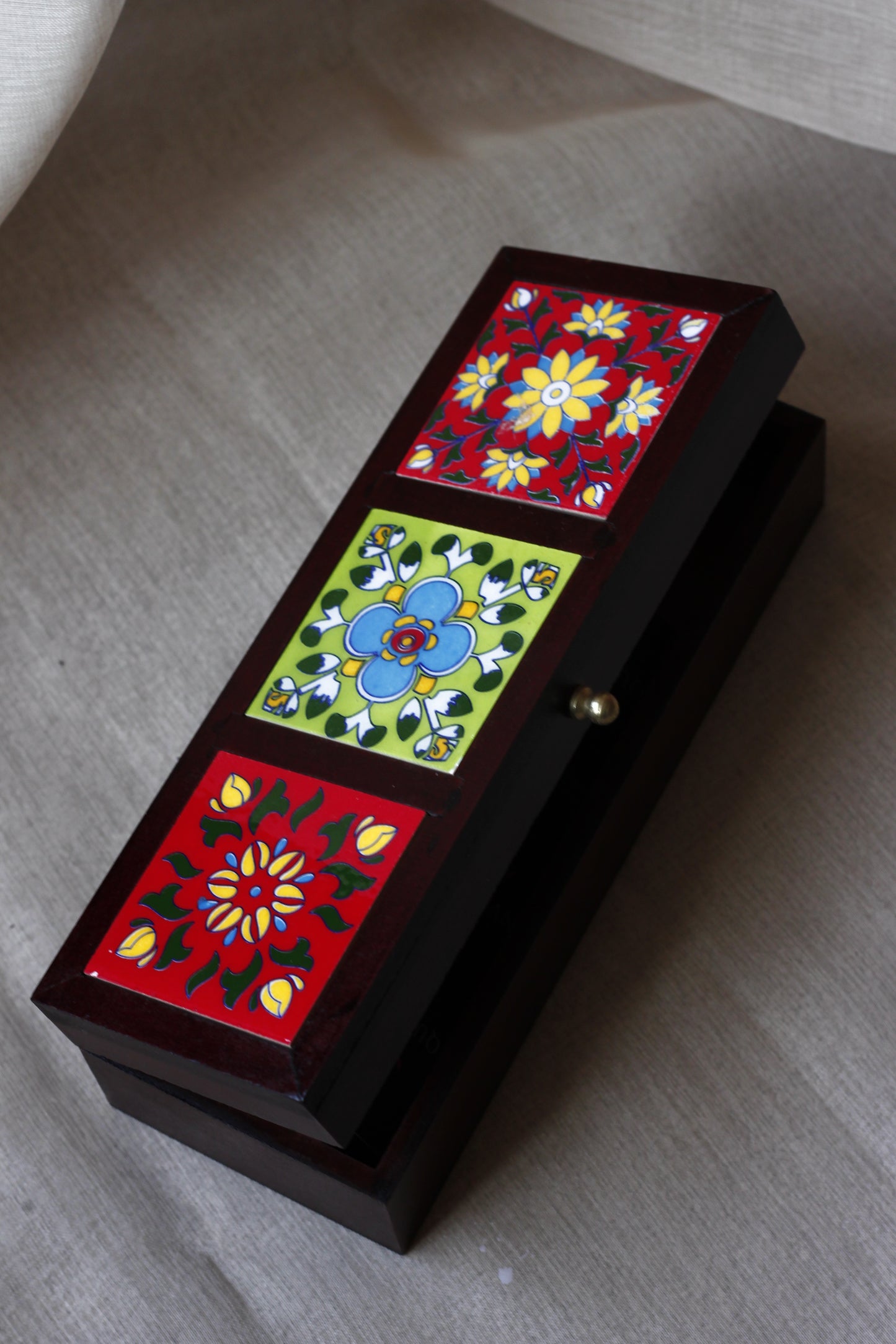 Wooden Jewellery Box Hand Painted Ceramic Tiles