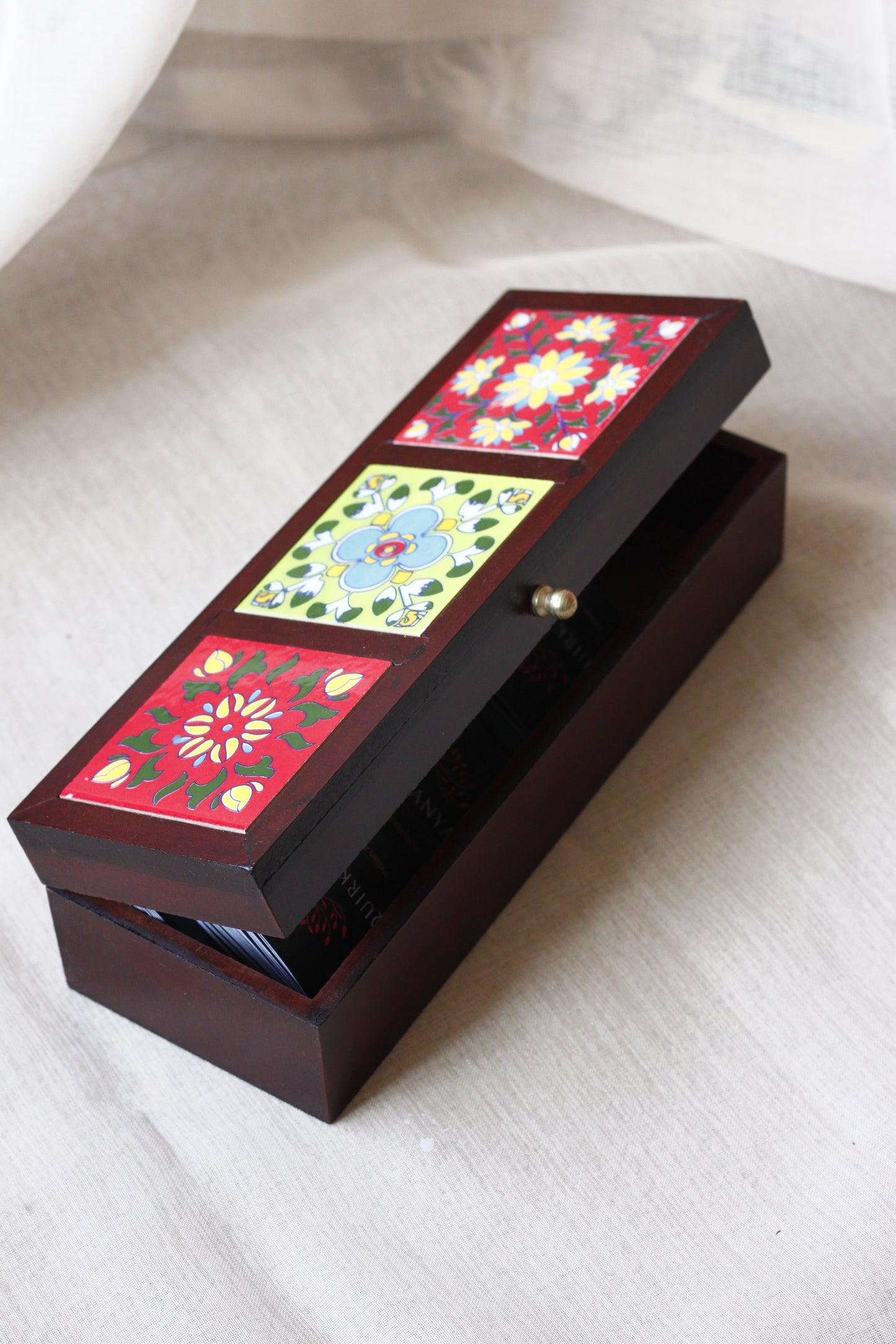Wooden Jewellery Box Hand Painted Ceramic Tiles