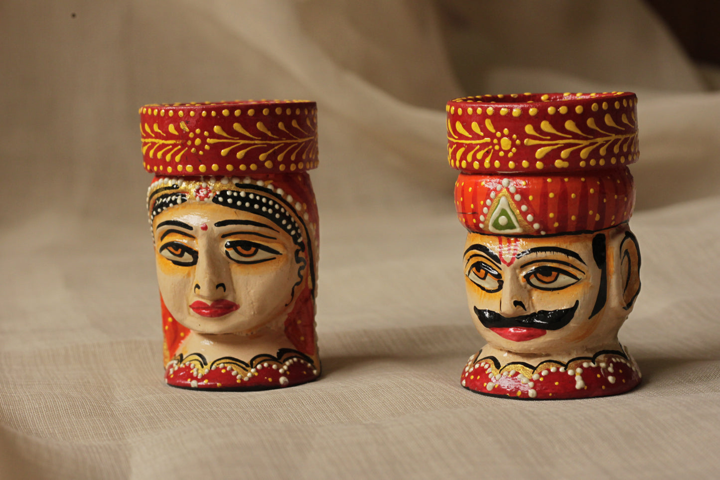 Hand-Painted Wooden Musician Candle Holder Set (Pair) – Rajasthani Folk Art