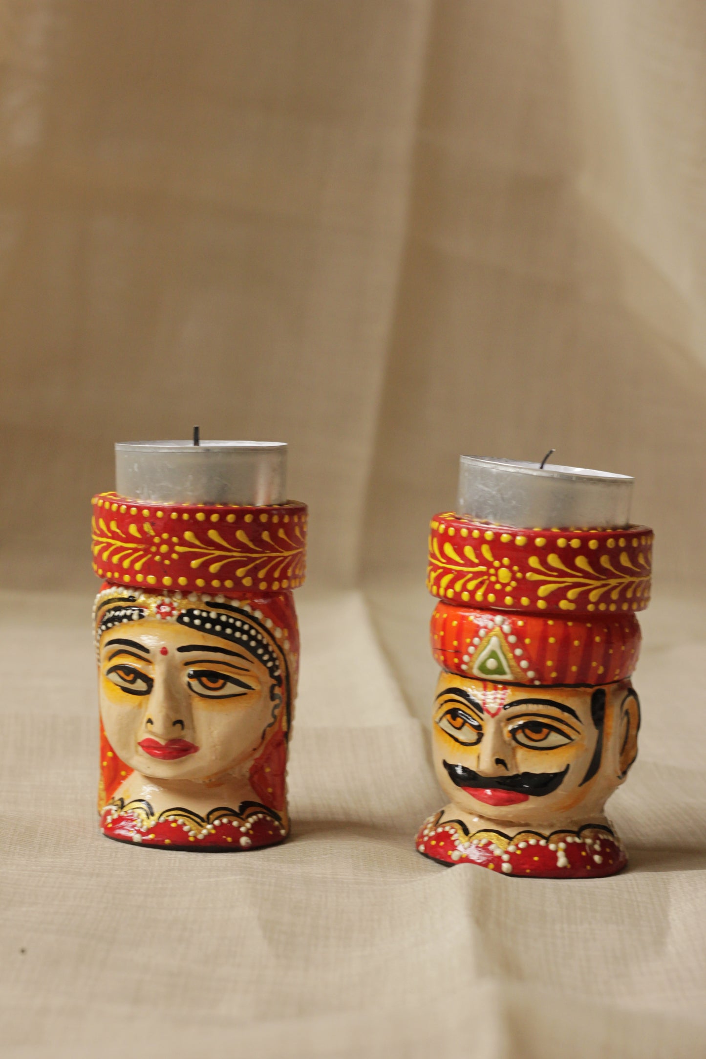 Hand-Painted Wooden Musician Candle Holder Set (Pair) – Rajasthani Folk Art
