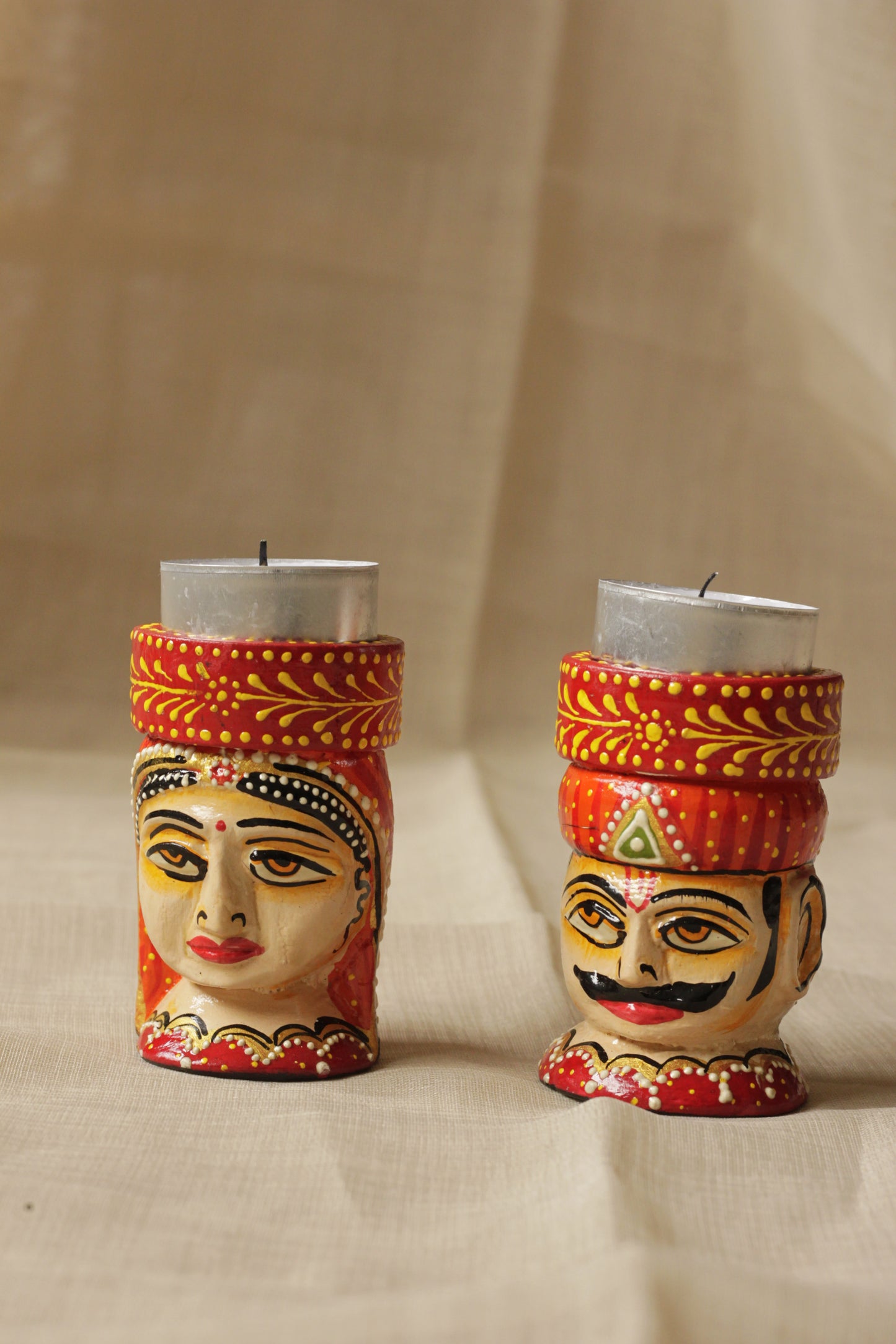 Hand-Painted Wooden Musician Candle Holder Set (Pair) – Rajasthani Folk Art