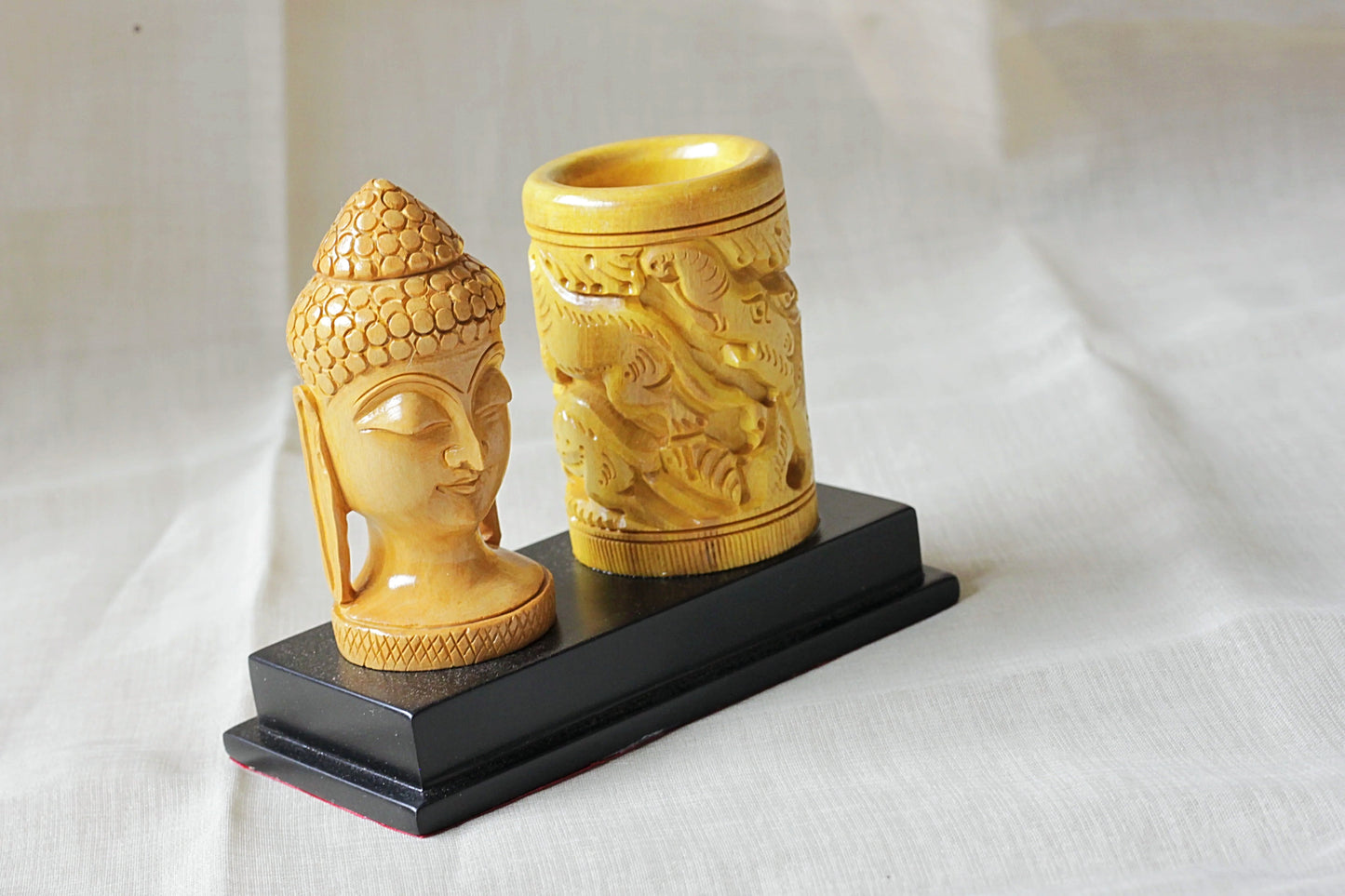 Wooden Buddha Handcrafted Head Pen Stand on Base – 4"