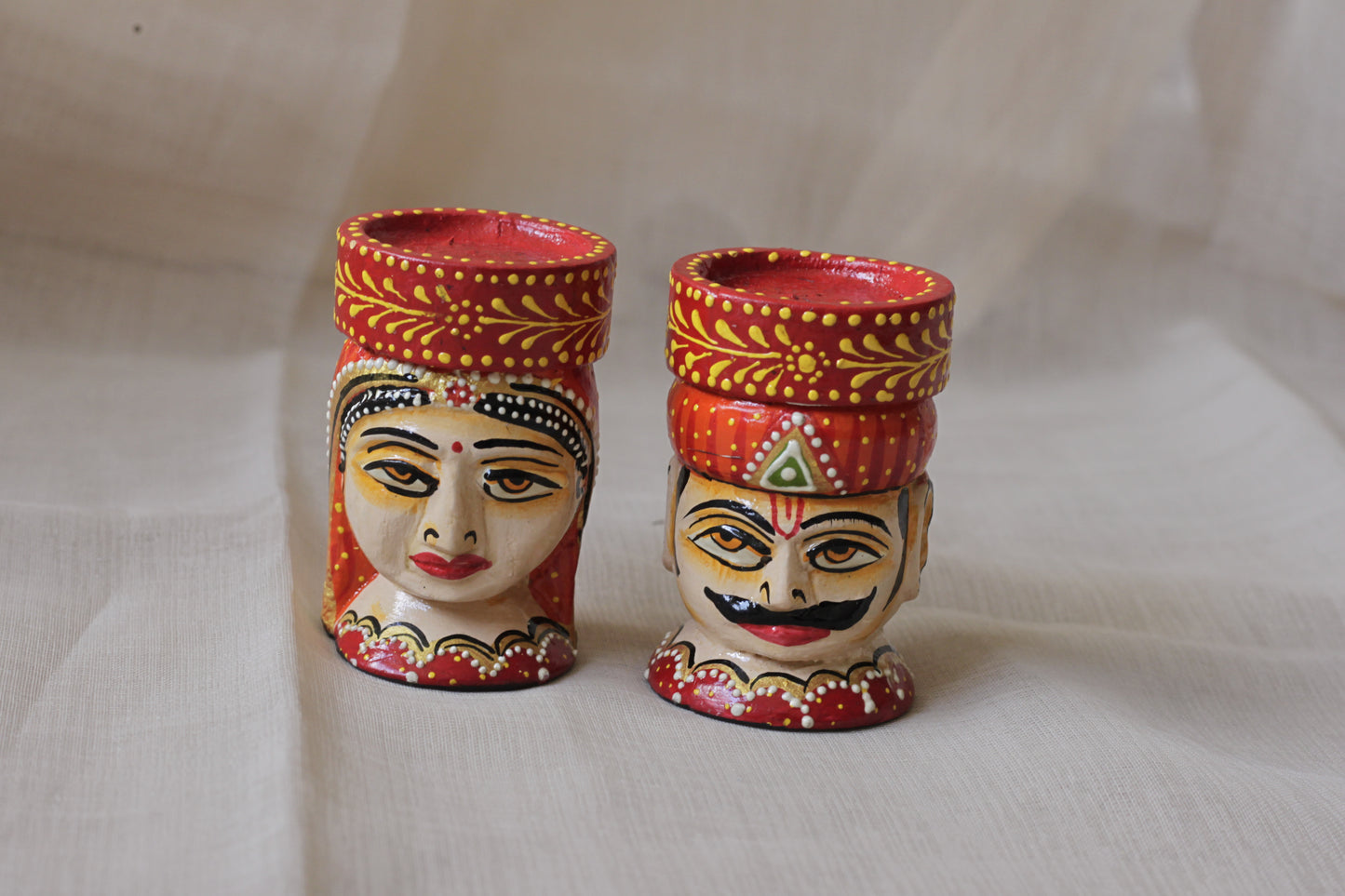 Hand-Painted Wooden Musician Candle Holder Set (Pair) – Rajasthani Folk Art