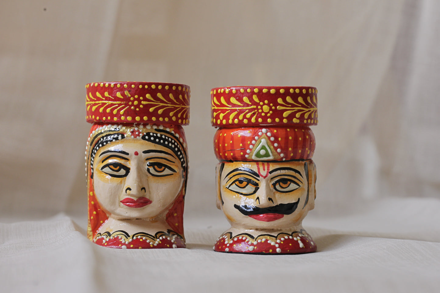 Hand-Painted Wooden Musician Candle Holder Set (Pair) – Rajasthani Folk Art