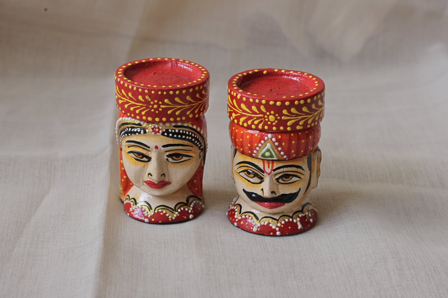 Hand-Painted Wooden Musician Candle Holder Set (Pair) – Rajasthani Folk Art