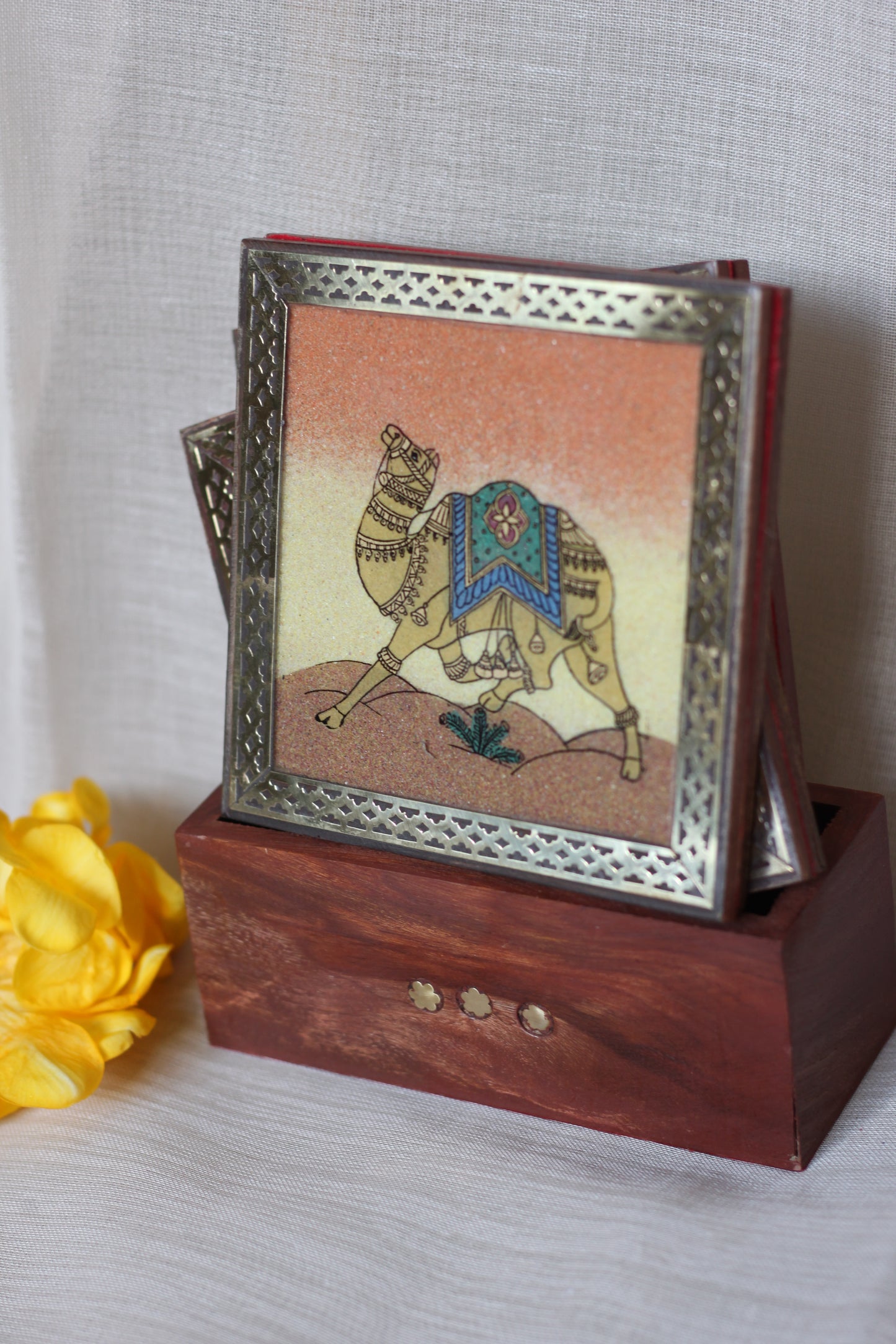 Hand-Painted Wooden Camel Tea Coaster Set
