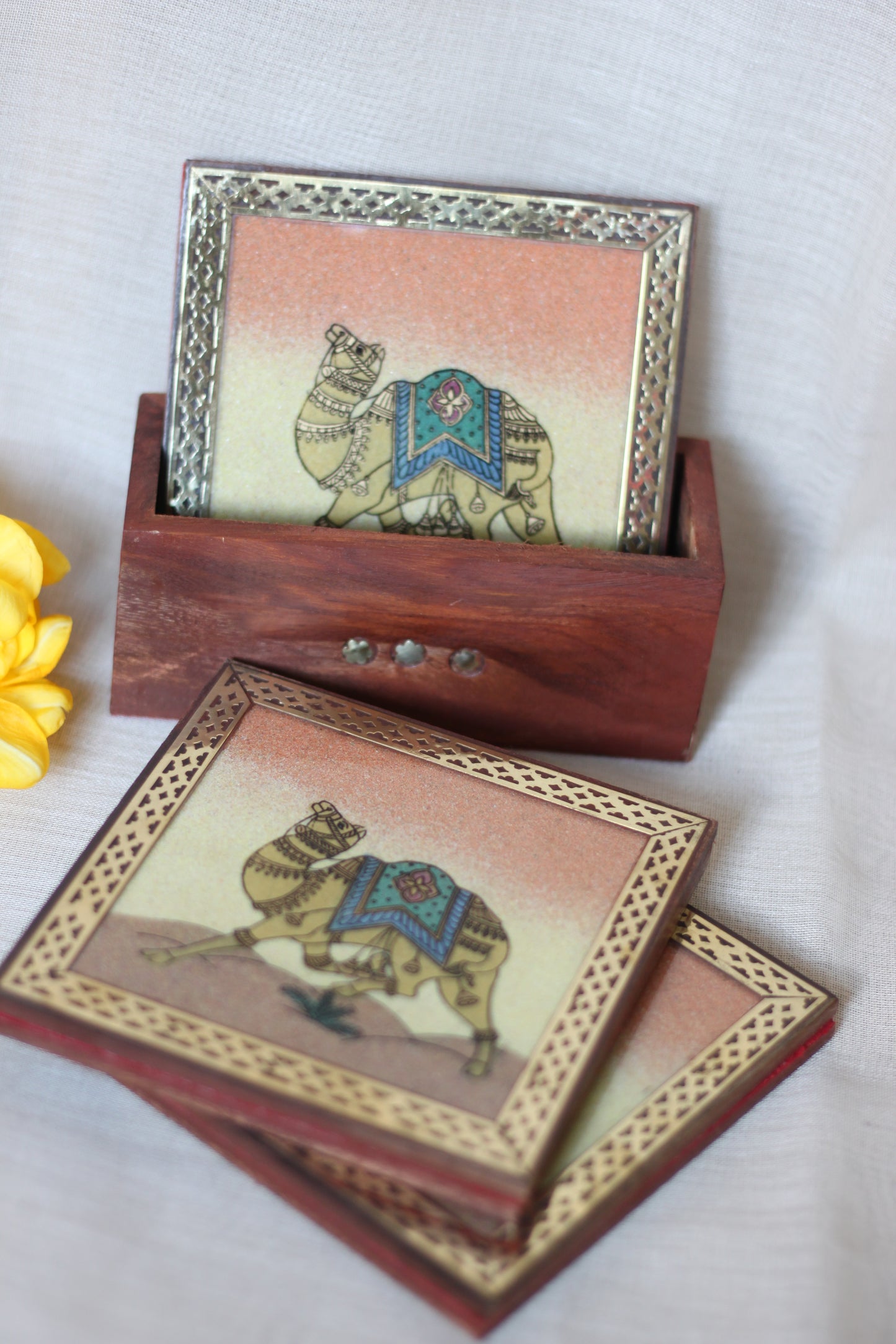 Hand-Painted Wooden Camel Tea Coaster Set