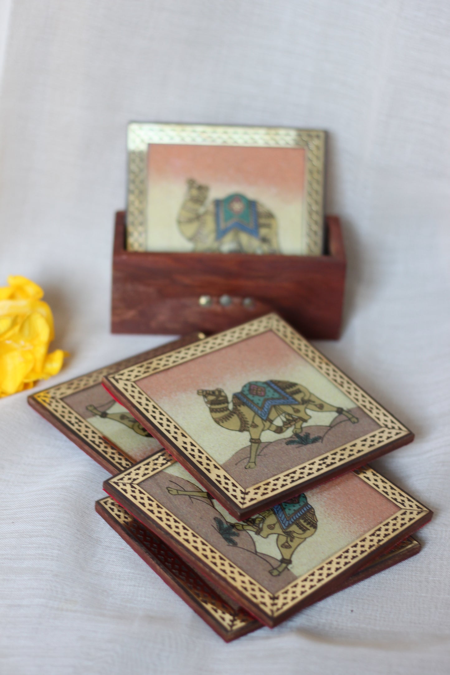 Hand-Painted Wooden Camel Tea Coaster Set