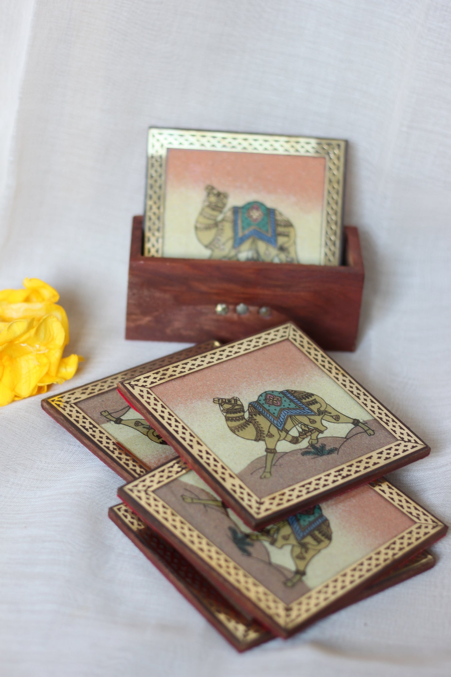 Hand-Painted Wooden Camel Tea Coaster Set