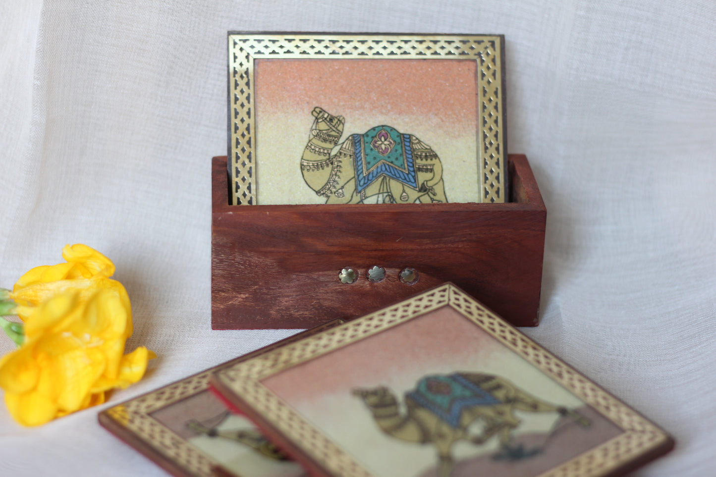 Hand-Painted Wooden Camel Tea Coaster Set