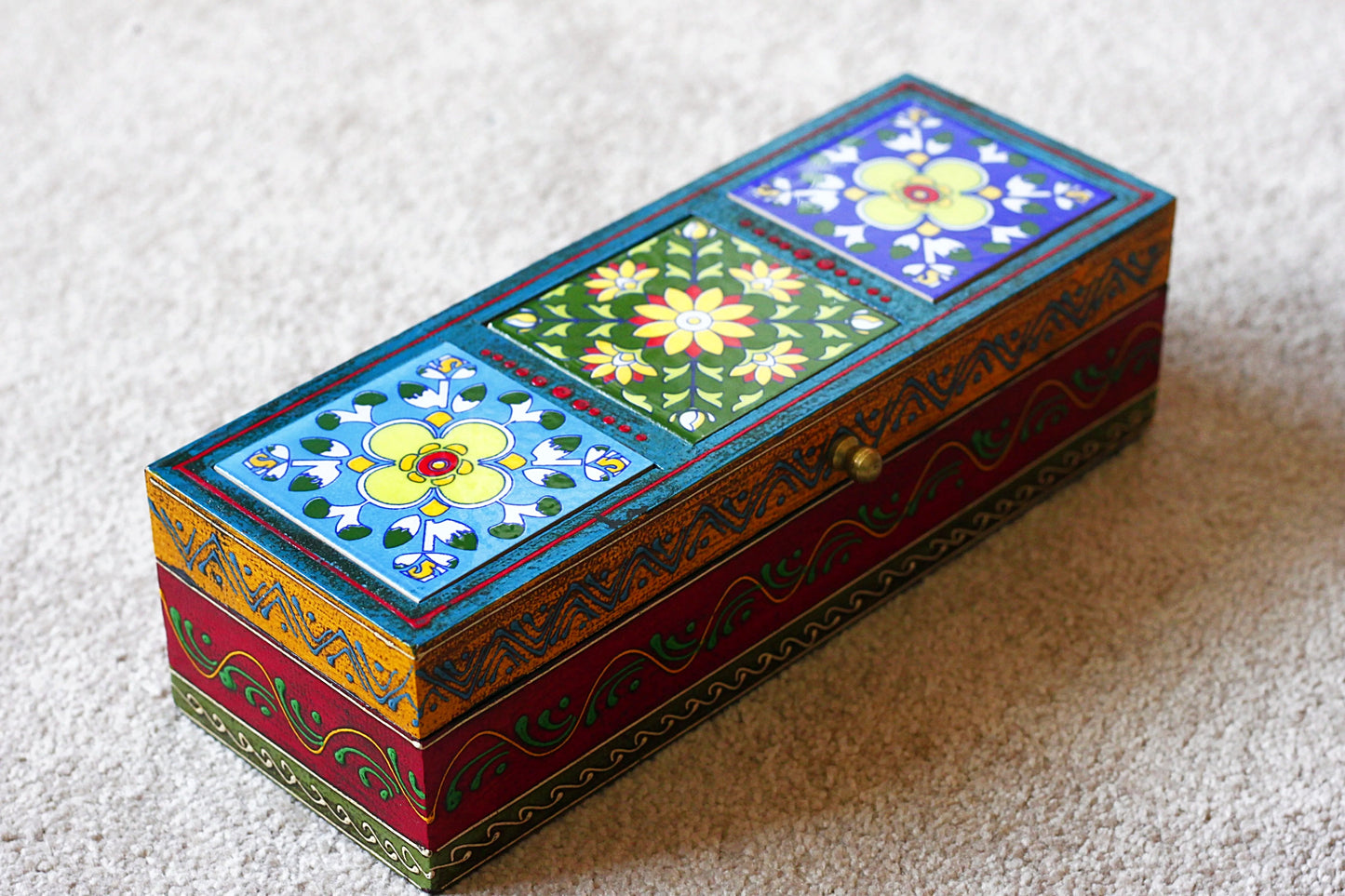 Wooden Jewellery Box Hand Painted Ceramic Tiles