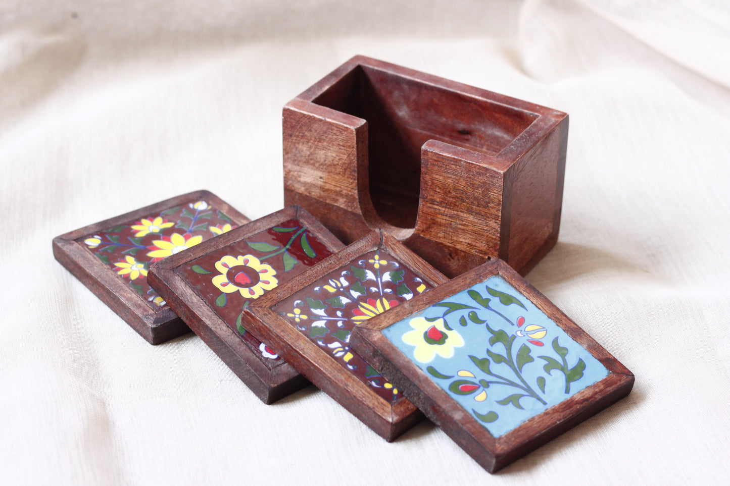 Tea Coster Set - Handcrafted Wooden & Ceramic Tile