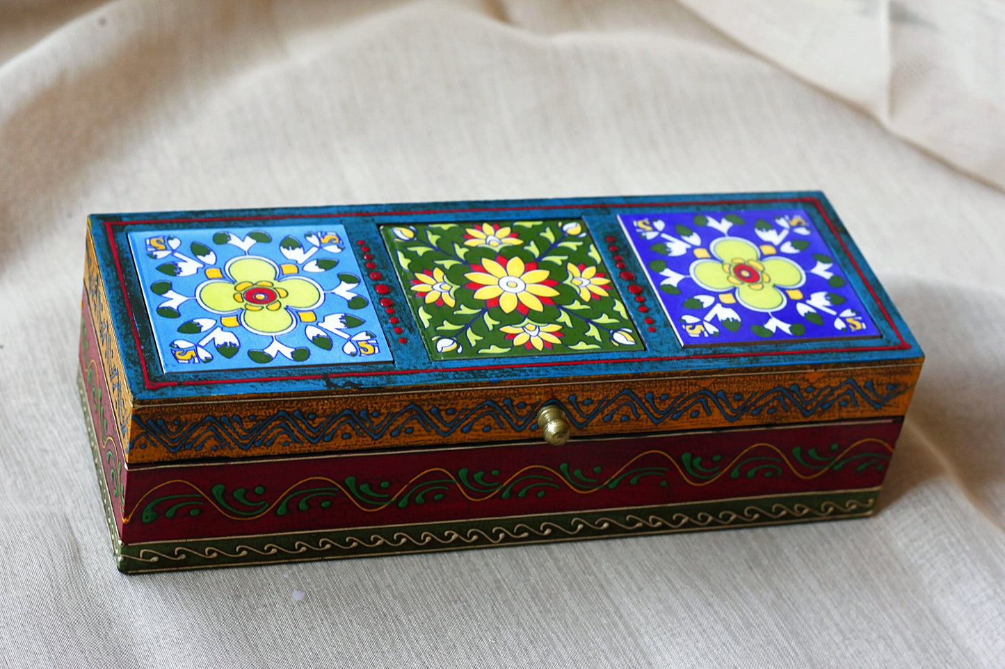 Wooden Jewellery Box Hand Painted Ceramic Tiles