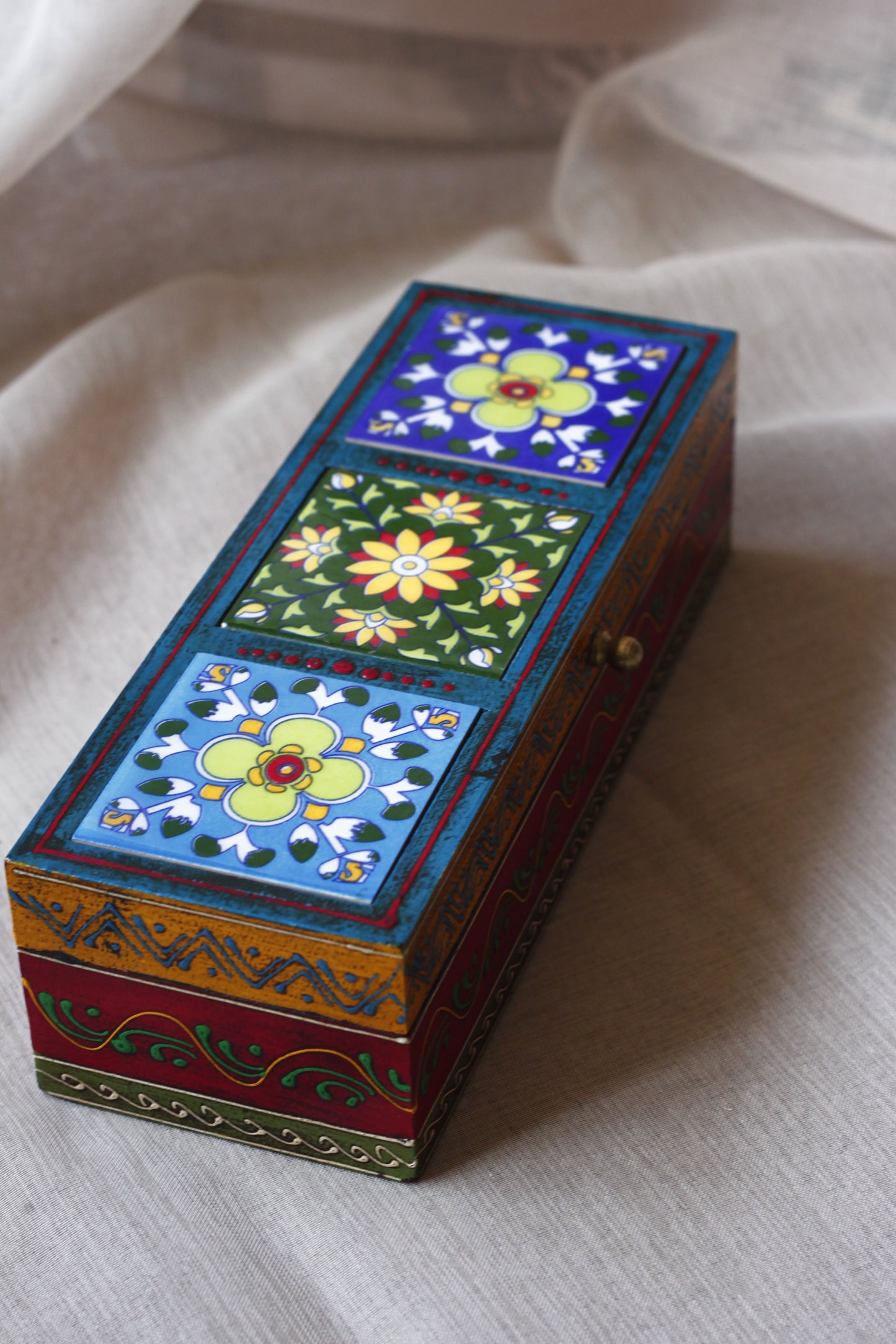Wooden Jewellery Box Hand Painted Ceramic Tiles