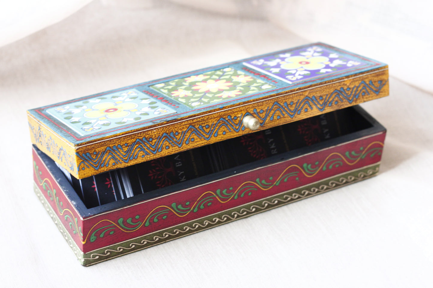 Wooden Jewellery Box Hand Painted Ceramic Tiles