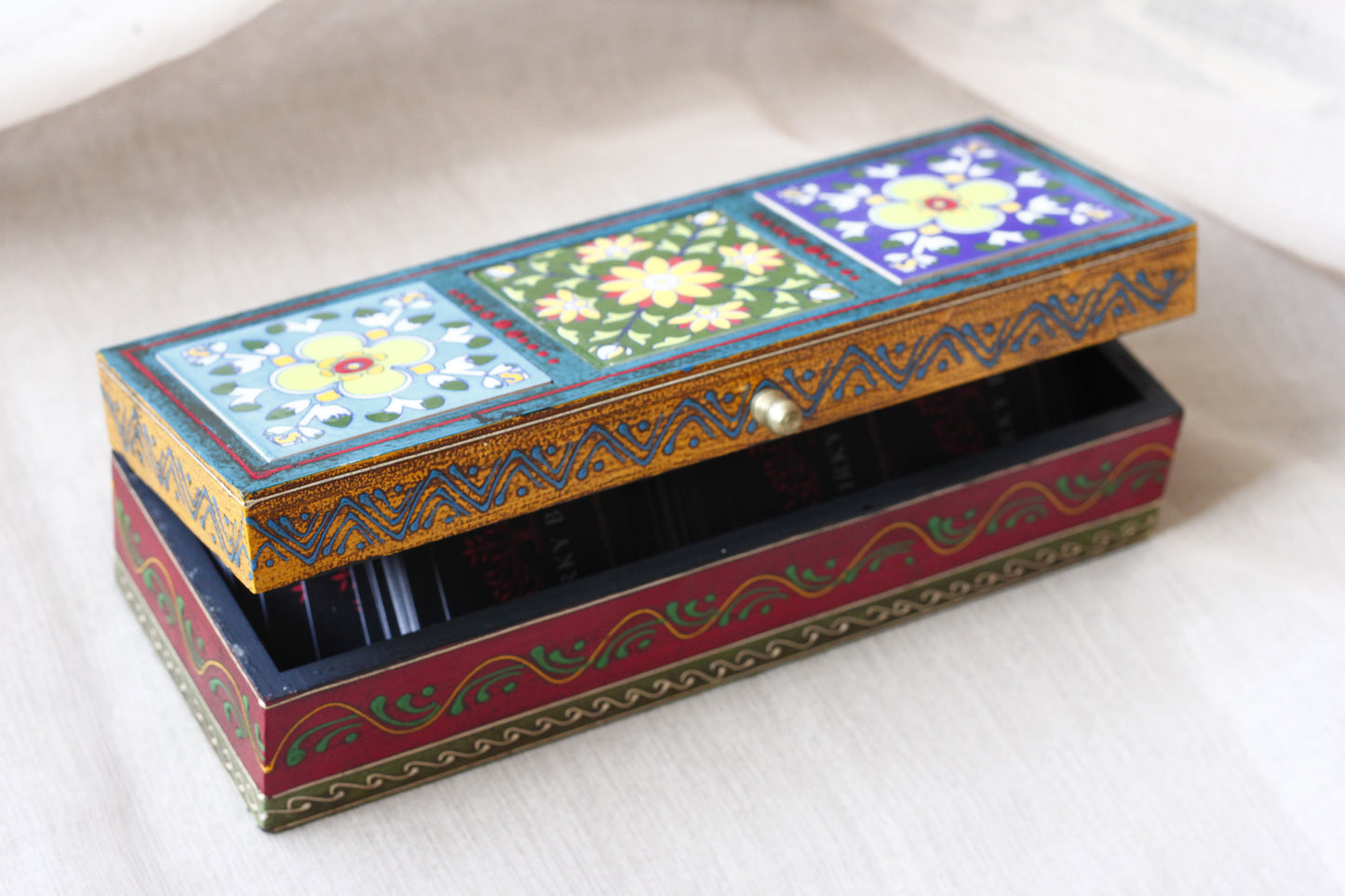 Wooden Jewellery Box Hand Painted Ceramic Tiles