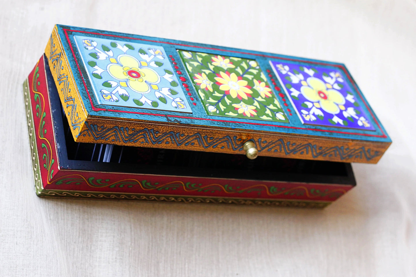 Wooden Jewellery Box Hand Painted Ceramic Tiles